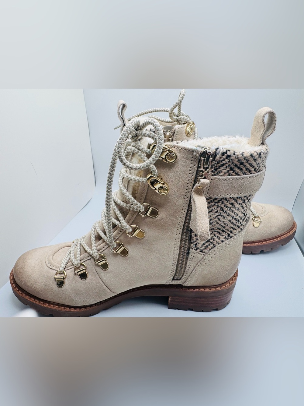 Sam Edelman Taupe Suede Lace-Up Hiker Boots with Shearling Collar